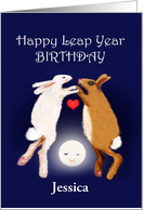 Happy Leap Year Birthday,two rabbits over the moon.custom card