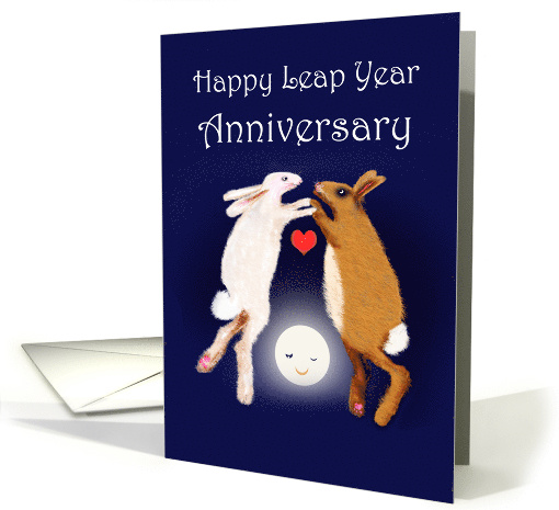 Happy Leap Year Anniversary, gay, two rabbits over the moon. card