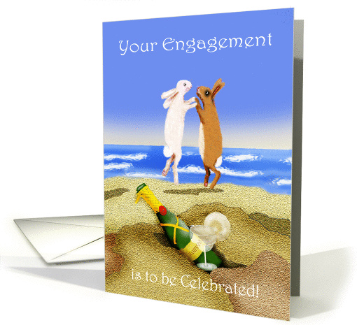 Engagement congratulations, champagne and jumping rabbits, gay card