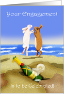 Engagement congratulations, champagne and jumping rabbits, gay card