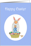 Happy Easter Bunny, for boy, eggs basket and bird. card