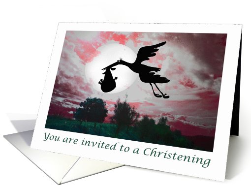 Flying stork , baby , clouds,moon,Invitation to Christening card