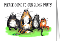 Please come to our block party, cats, humour, card