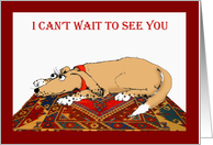 I can’t wait to see you, brown dog on oriental mat. card