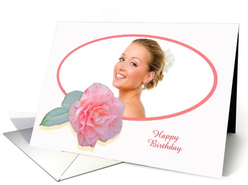 Pink striped camellia,Happy Birthday for girlfriend, photo frame. card