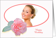 Pink striped camellia,Happy Birthday for girlfriend, photo frame. card