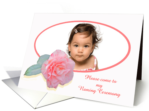 Please come to my Naming Ceremony, pink camellia, photo frame card