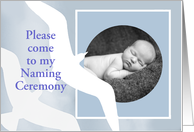 Invitation to naming ceremony, white birds, blue, photo frame card