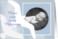 Invitation to Christening, white birds, blue, photo frame card