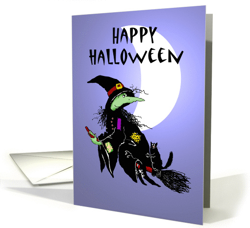 Happy Halloween , Witch on broomstick with cat. card (861975)