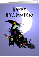 Happy Halloween , Witch on broomstick with cat. card