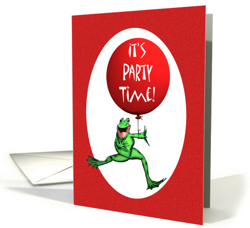 It's party Time,For kids, green frog and red balloon,humor. card