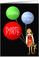 Birthday party, with balloons and little girl. card