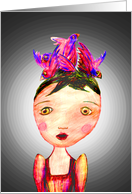#Bird Hat, little girl, coloured pencil. card
