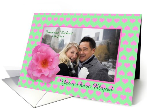 Elopement, pink rose and love hearts, photo card. card (879223)