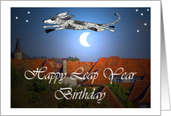 Happy leap Year birthday, shaggy dog jumping over moon. card