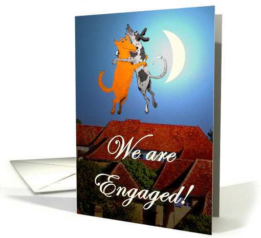 We are engaged, two dogs jumping in embrace, lesbian, humor. card