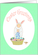 Easter Greeting, bunny ,Easter eggs and basket. card