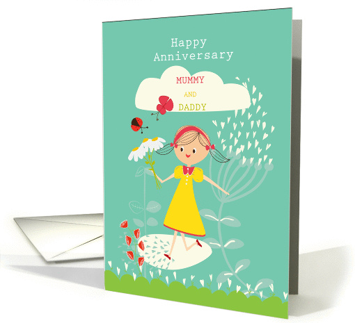 happy anniversary mummy and daddy, cute girl holding flowers card