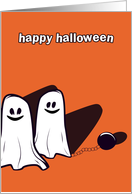 two cute halloween ghost on orange background card