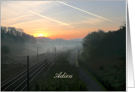 Adieu, French card, railroad at dawn in the mist card