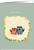 three cute owls on frame with stars and leafs, auf wiedersehen german card