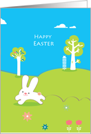 happy easter, cute little rabbit running in the meadow card