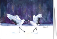 Asian Red Crowned Cranes dancing-blank note card