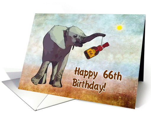 Happy 66th birthday greeting card, elephant with bottle card (888101)