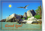 Good bye greeting card,Seychelles beach with bird and sun card