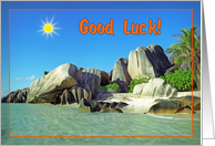 Good luck greeting card,Seychelles beach with bird and sun card
