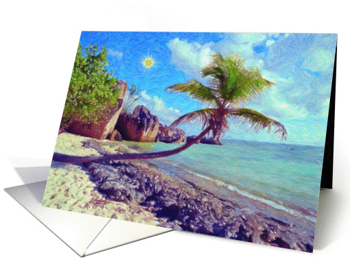 Seychelles beach greeting card, Paint beach with sun card (889699)