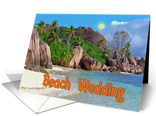 Beach Wedding greeting card, exotic sand beach with big stones card