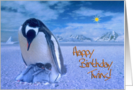 Happy birthday twins, penguins in Antactic card