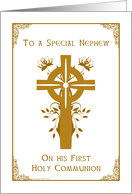 Nephew - First Holy Communion - Cross and Floral Design card