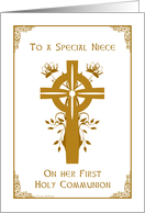 Niece - First Holy Communion - Cross and Floral Design card