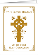Brother - First Holy Communion - Cross and Floral Design card