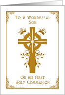Son - First Holy Communion - Cross and Floral Design card