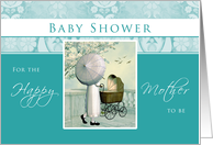 Baby Shower - Mom with Carriage and Umbrella- Teal card
