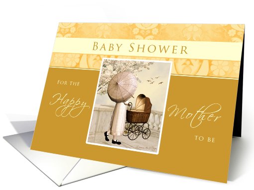 Baby Shower - Mom with Carriage and Umbrella- Golden Yellow card