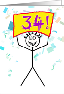 Happy 34th Birthday-Stick Figure Holding Sign card