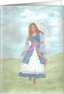 Angel in Blue and white dress, outside, mystical, note card