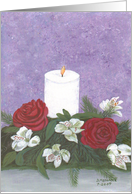 White Candle and Red Roses, white flowers still life, note card