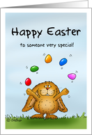 Happy Easter to someone very special - Cute Bunny juggling with eggs card