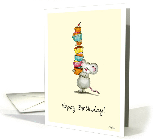 Happy Birthday - Cute Mouse with a pile of cupcakes card (1044553)