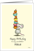 Happy Birthday Niece - Cute Mouse with a pile of cupcakes card