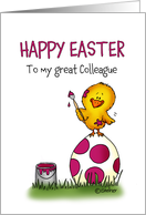 Humorous Easter Card for Colleague - cute chick is coloring Egg card