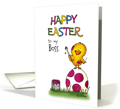 Happy Easter Card - to my Boss - cute chick is coloring Egg card
