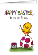 Happy Easter Card - to my Son in Law - cute chick is coloring Egg card