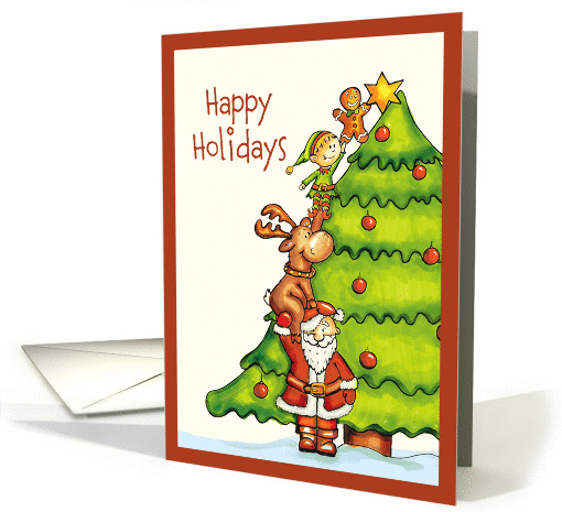 Santa and his Team are decorating the Tree - Humorous Christmas card